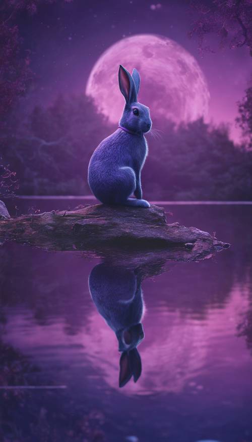 달빛이 비치는 고요한 호수 옆에 앉아 있는 신화 속 보라색 토끼의 그림입니다.