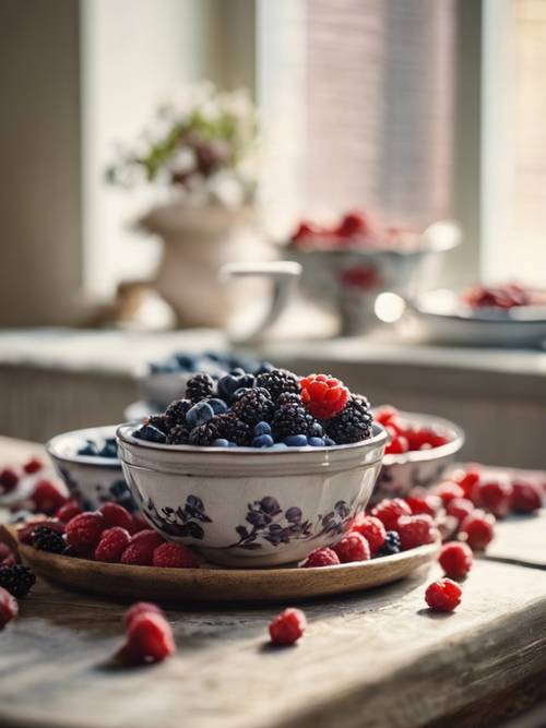 빈티지 식탁 위의 세라믹 그릇에 갓 따온 딸기가 담겨 있습니다.