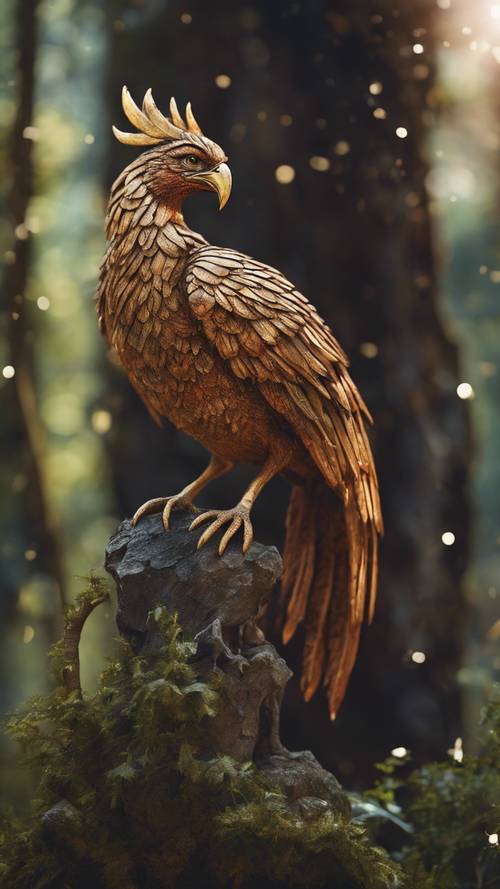 一只年老而睿智的凤凰，栖息在一座魔法森林的栖木上，它的眼睛反射着千年的智慧。