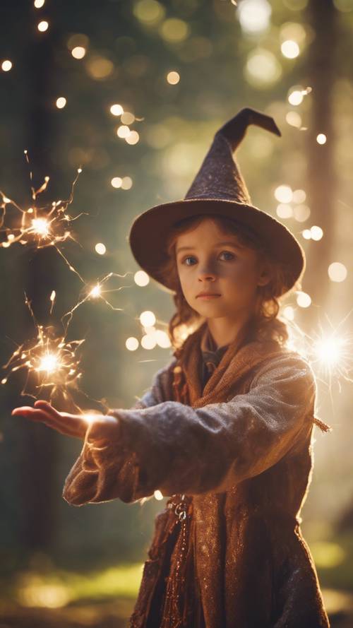 一位年轻、眼神明亮的巫师施展了他们的第一个魔法咒语，闪闪发光的魔法能量从他们的指尖流出。