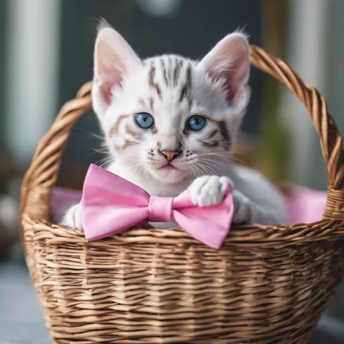 A white Bengal kitten wearing a pink bow tie exploring a wicker basket.