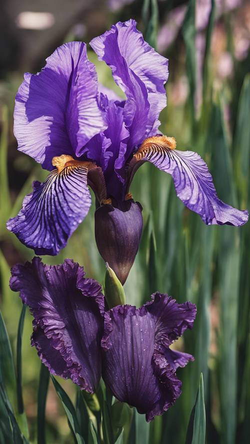 A close-up image of a single, dew-kissed, royal purple iris blossom in full bloom.