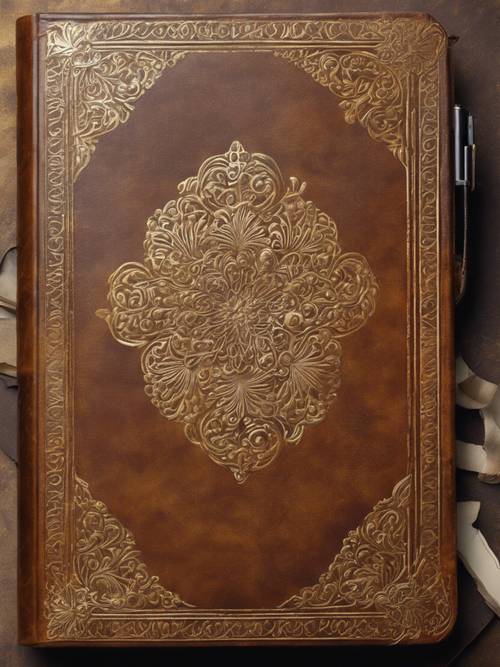 一本破舊的皮革裝訂筆記本，封面上有金色花卉印記。