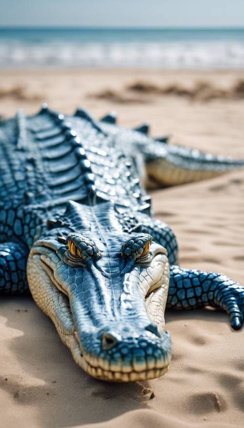 Um enorme crocodilo azul dando um passeio tranquilo em uma praia arenosa.