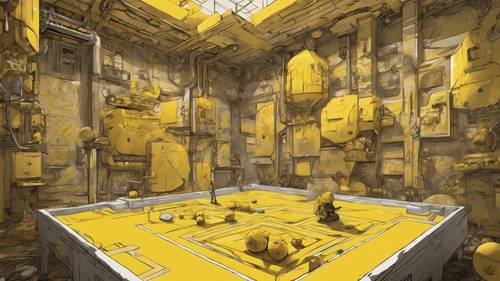 Uma perspectiva em primeira pessoa de alguém jogando um jogo com gráficos dominados por uma paleta amarela surreal.