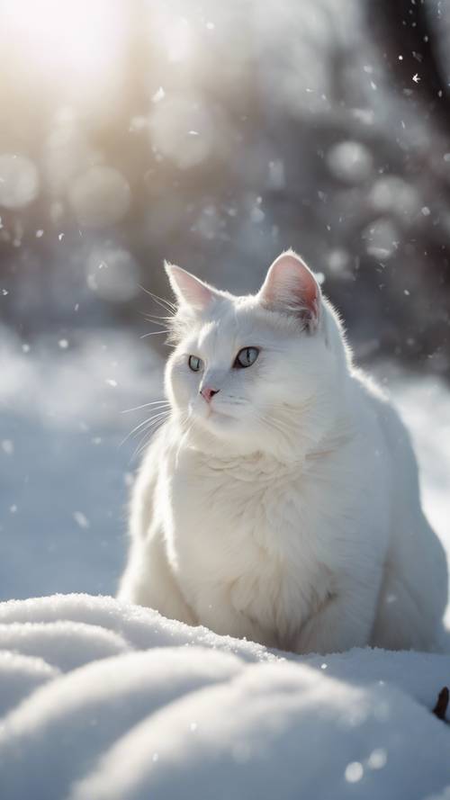 Karlı bir günde gölgesine merakla bakan bembeyaz bir kedi.