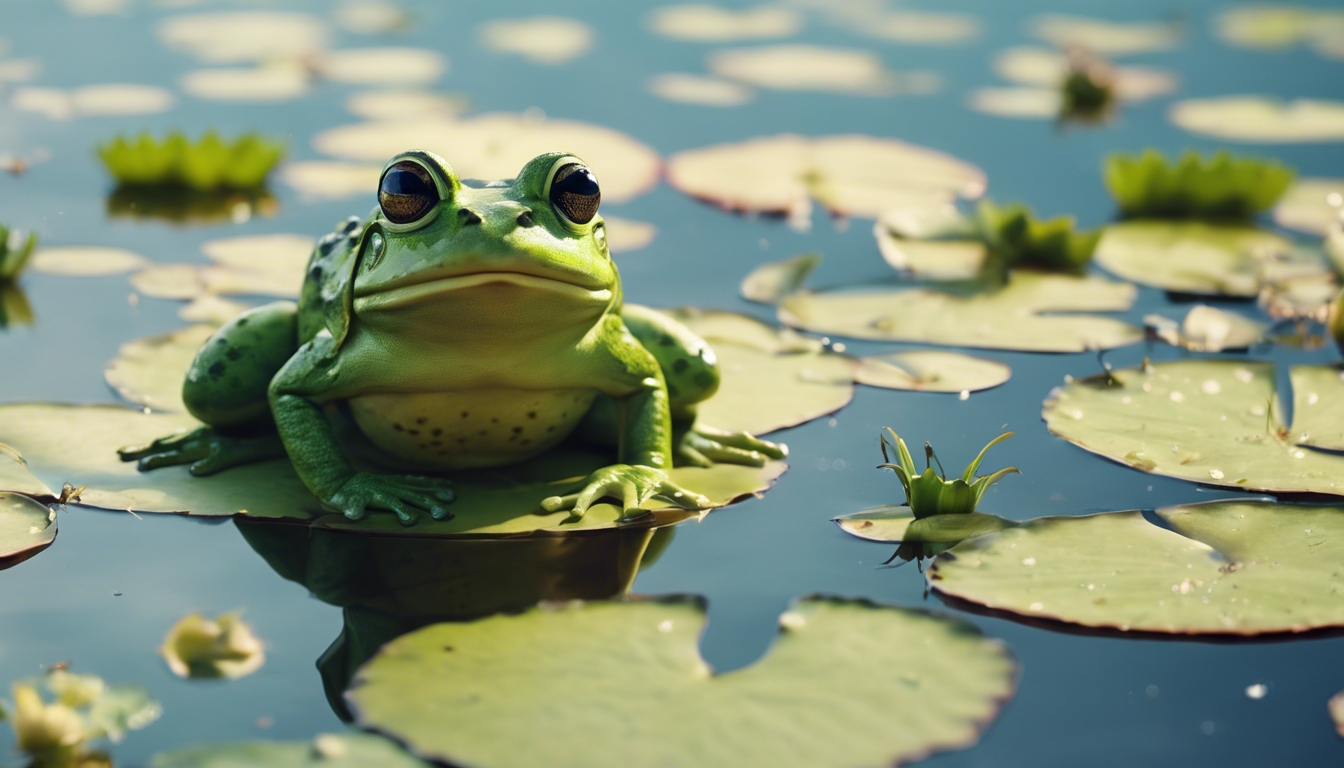 A cheerful frog leading a procession of meadow insects while hopping across lily pads. Валлпапер[de7fdd66866348c795e6]