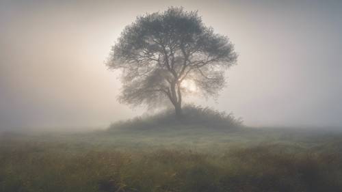 Ein einsamer Baum in einer friedlichen, nebligen Morgenlandschaft mit den Worten „Friede ist nicht die Abwesenheit von Problemen, sondern die Gegenwart Gottes“, die durch den Nebel hallen.