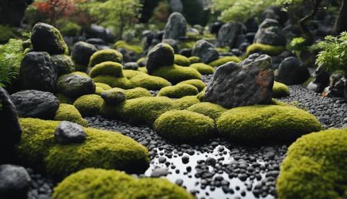 Oszałamiający japoński ogród skalny zdominowany przez czarne skały lawowe i mech.