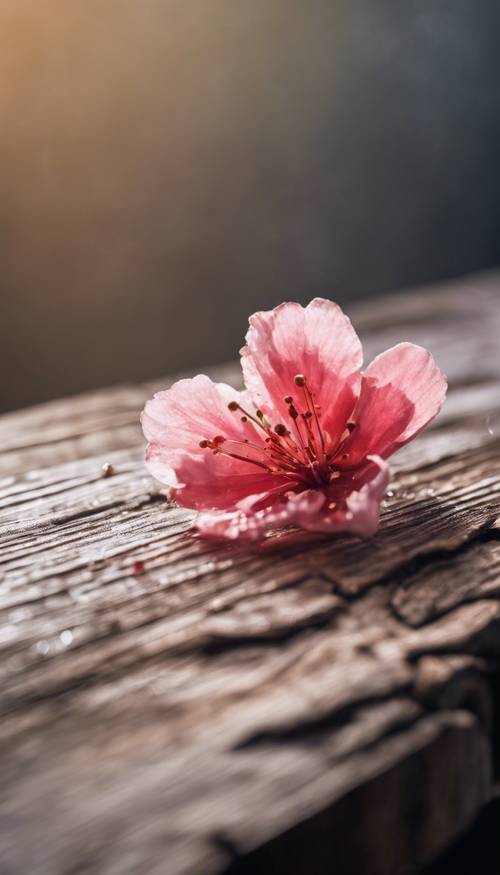 Uma pétala de flor de cerejeira vermelha beijada pelo orvalho em cima de uma velha mesa de madeira desgastada.