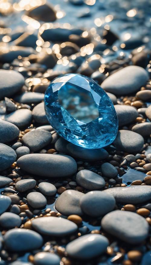一顆藍色石頭的特寫，上面有複雜的銀色紋理，躺在清澈溪流底部的鵝卵石中。