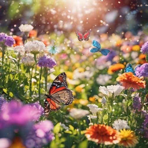 Một khu vườn mùa xuân vui vẻ tràn ngập hoa và bướm đầy màu sắc.