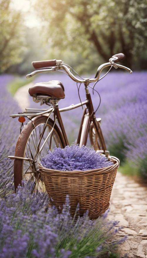 Una bicicletta antica con un cesto intrecciato carico di fiori di lavanda.