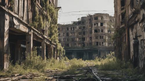 廃墊都市の壁紙　- 荒廃した建物と草木が生い茂る景色