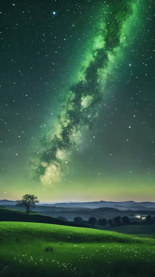 유성우가 곳곳에 흩어져 있는 맑고 별이 총총한 밤하늘 아래 무성한 녹색 초원이 펼쳐져 있는 몽환적인 풍경입니다.