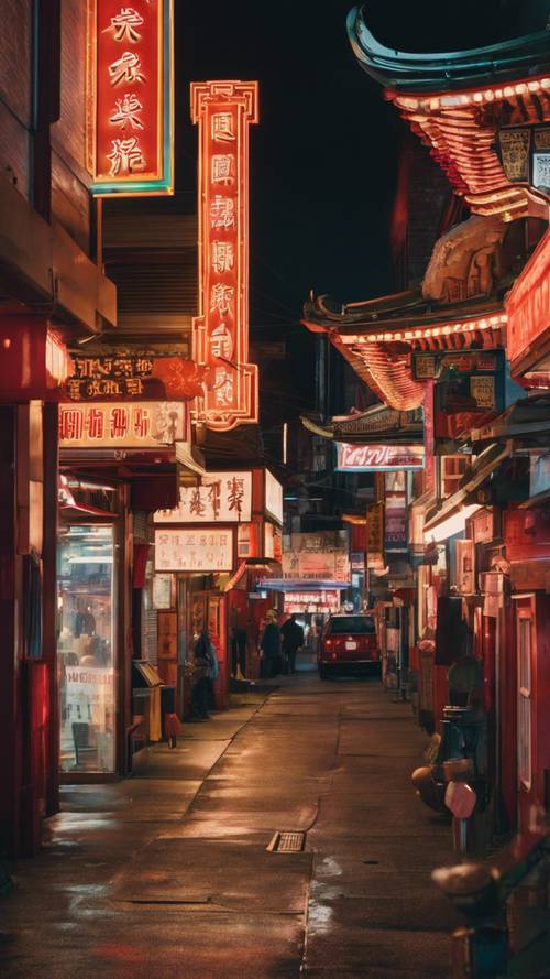 Showcase a night scene of bright neon signs in Seattle's Chinatown. Tapet [22ecbce5a7ff4fad8032]