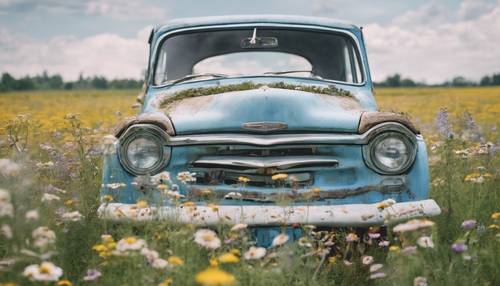 Rustykalny samochód pomalowany na pastelowy błękit, zapomniany na polu polnych kwiatów.