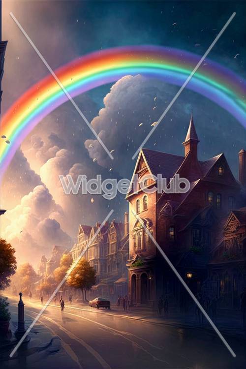 ビクトリア様式の家々にかかる虹