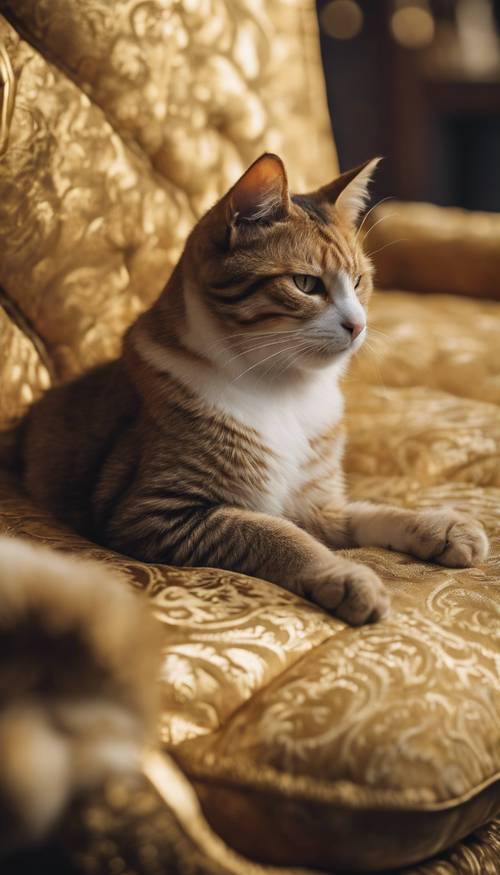 Seekor kucing sedang bersantai di atas bantal damask emas.