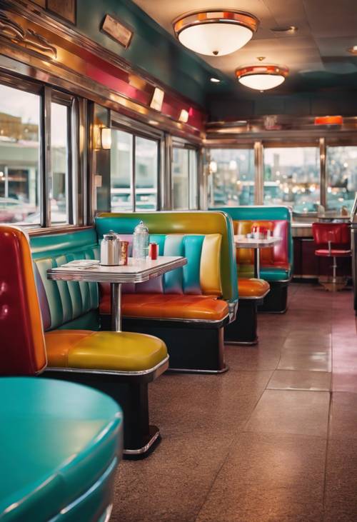 A mid-century diner booth with rainbow-colored upholstery