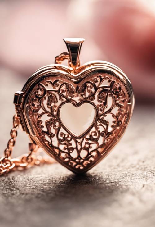Một chiếc mặt dây chuyền hình trái tim bằng vàng hồng rực rỡ, thiết kế phức tạp của nó nổi bật trên bề mặt kính ngập nắng.