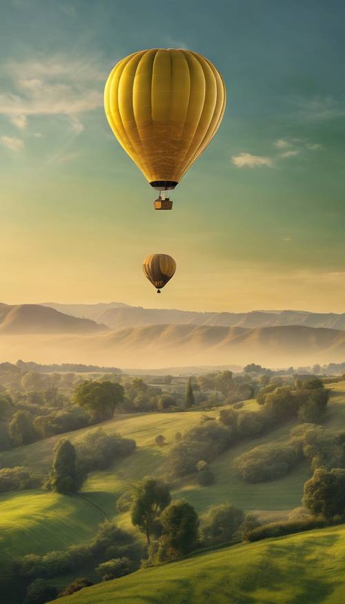 Ein Heißluftballon, oben golden und unten grün, schwebt über einer malerischen Landschaft, gerade als die Sonne untergeht.