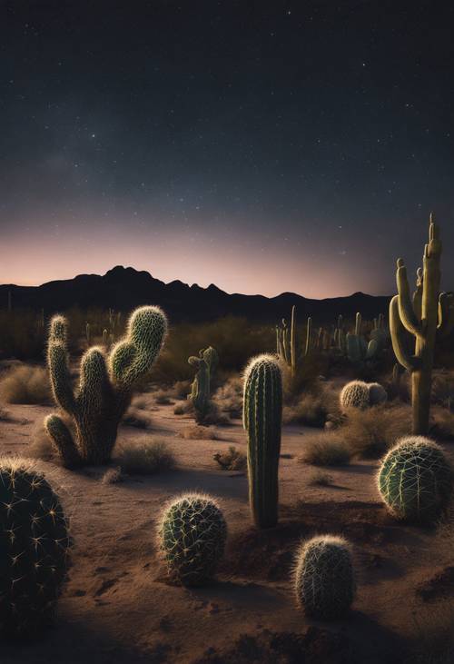 Wypełnione gwiazdami nocne niebo nad spokojną pustynią z kilkoma kaktusami jako cienistymi postaciami.