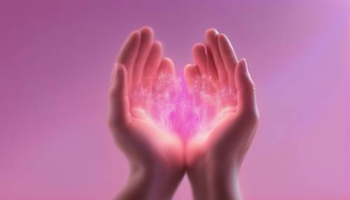 Profilo astratto di mani femminili che cullano un&#39;aura rosa luminescente, che simboleggia la sensibilità.
