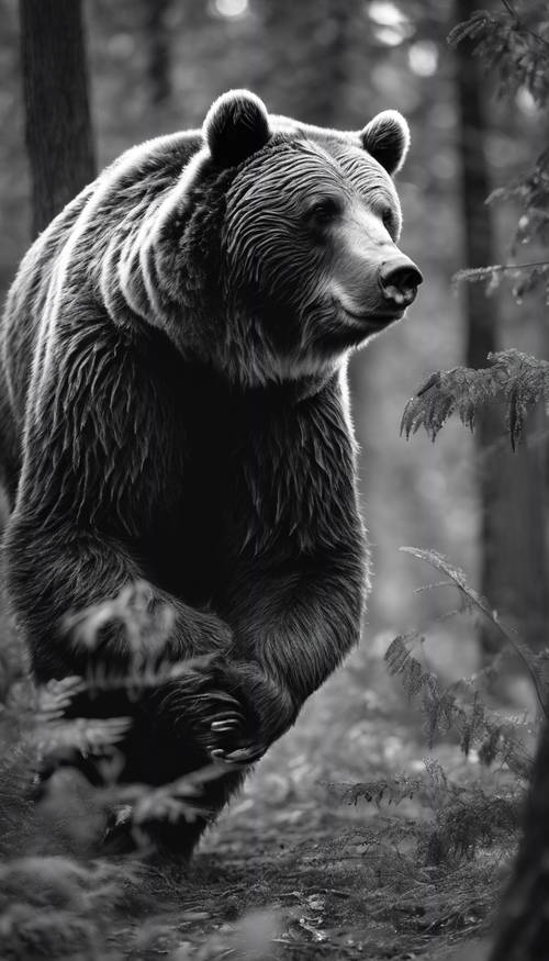 숲 속을 걷고 있는 곰의 회색조 이미지, 곰의 강력한 발 아래에서 나뭇가지가 찰칵 소리를 냅니다.