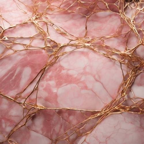 Interior marmer merah muda yang besar berkilauan di bawah jaringan urat emas.