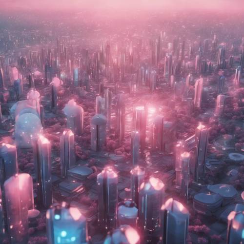 A serene futuristic cityscape at sunrise, painted in gentle hues of pink and blue.