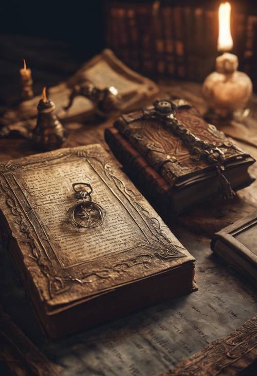 An old cursed book bound in human skin lying on an ancient library table. Tapeta [68c7f5a9e8f74a019ff9]