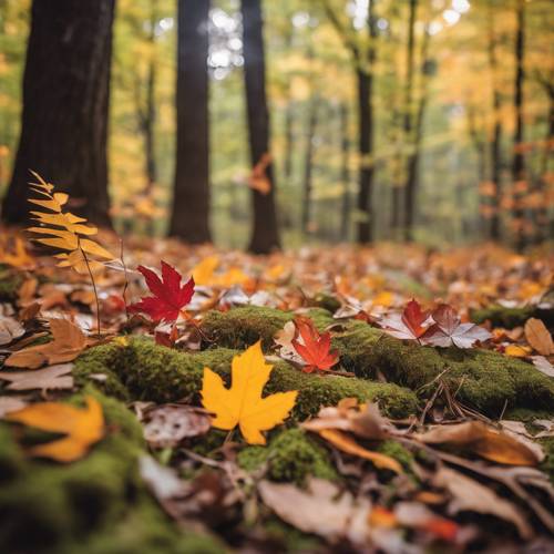 A forest floor scattered with fall leaves and colorful wildflowers.