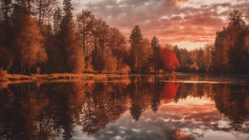 Un lac forestier paisible reflétant les motifs cachemire fascinants du coucher de soleil rouge et or.