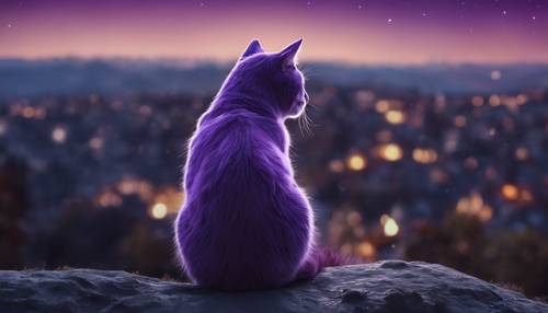 Un viejo y sabio gato morado que contempla las estrellas desde la cima de una colina en una noche tranquila. Fondo de pantalla [18ba1503efd64127b0d4]