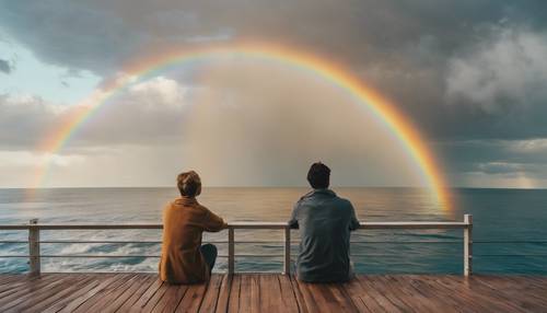 A young couple sitting on a deck, admiring the enormous neutral colored rainbow across the ocean.