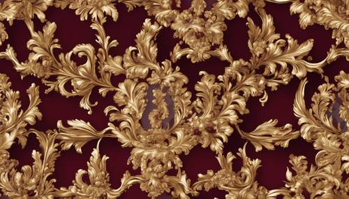 Un modello senza cuciture di decorazioni rococò in foglia d&#39;oro su un ricco sfondo bordeaux.