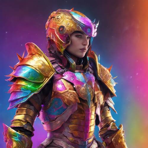 A vibrant CGI image of a gaming avatar dressed in a glossy, rainbow-hued armor set.