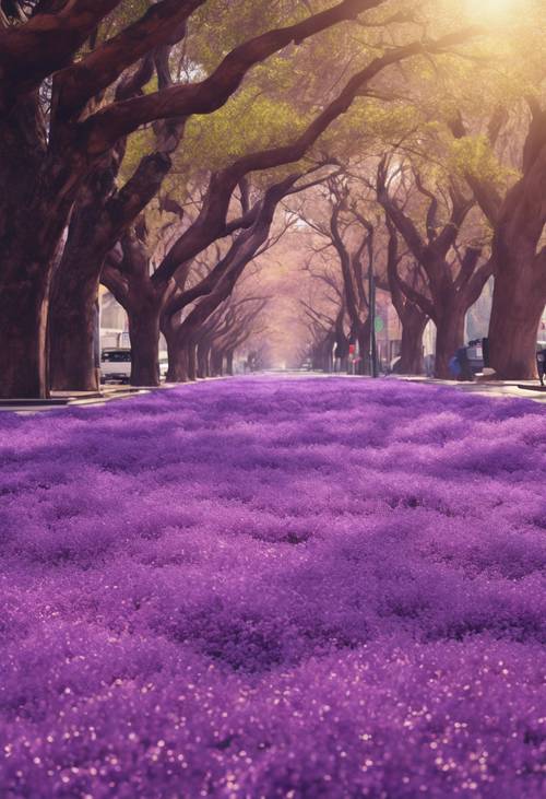 Pohon jacaranda ungu berjejer di sepanjang jalan, menggugurkan kelopaknya sehingga membentuk hamparan bunga.