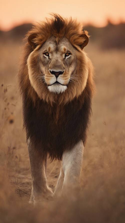 Um leão majestoso e adulto rugindo poderosamente ao pôr do sol na savana africana.