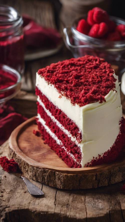 A slice of rich red velvet cake with a layer of cream cheese frosting, placed on a rustic wooden table.