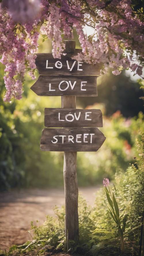質樸的木製路標，在花卉環境中刻有「愛情街」的字樣。