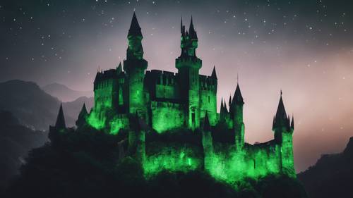 A night scene of a black castle lit with glowing green lights.