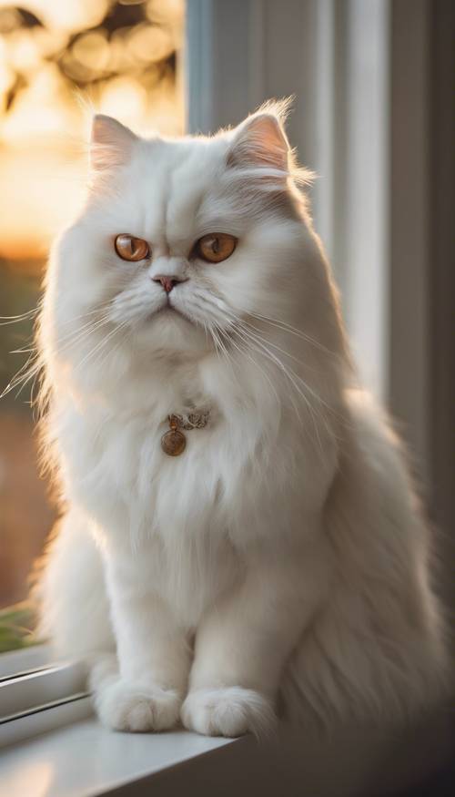 דיוקן של חתול פרסי לבן זקן ומלכותי, עם עיניים חכמות, מתרווח על אדן החלון ומשקיף אל השקיעה.