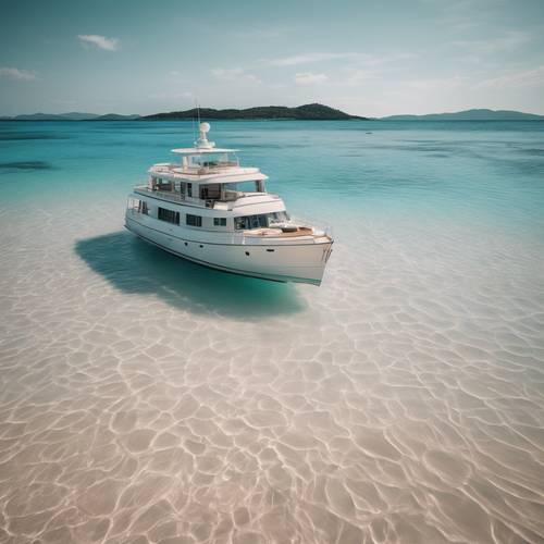 Klasyczny jacht pływający po krystalicznie czystej wodzie w pobliżu eleganckiej plaży.