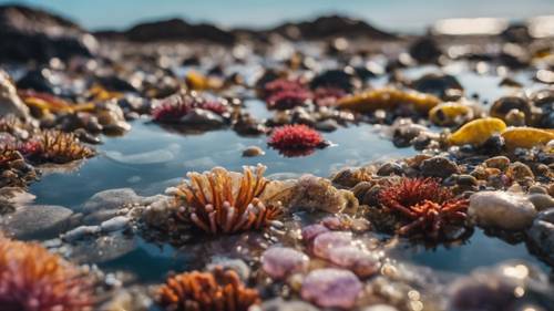 Una spiaggia rocciosa con pozze di marea piene di colorate creature marine durante la bassa marea.