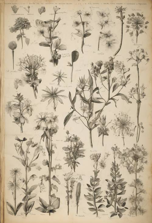 Gambar botani rinci tentang flora antik dalam buku besar antik.