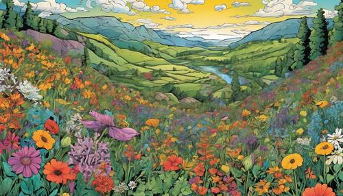 Un valle de dibujos animados lleno de una explosión de flores silvestres multicolores.
