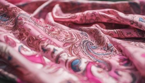 Pink paisley pattern on a silk scarf, flowing in the autumn breeze.