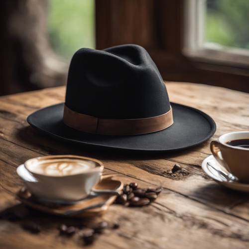 A classic black fedora resting atop an antique oak table, beside a steaming cup of coffee. Tapeta [214ff74766d544918623]